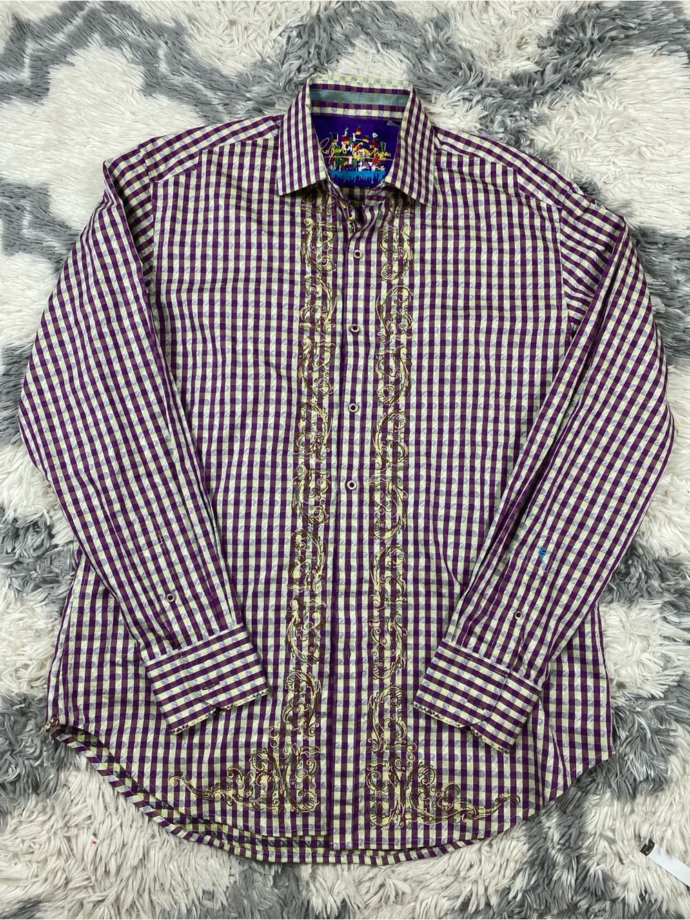 Robert Graham Men's Embroidered Flip Cuff Button Shirt Purple Gingham Check • L